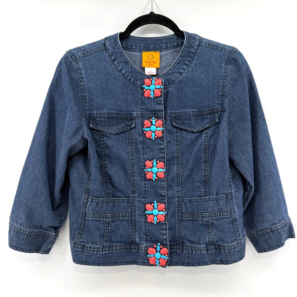 Ruby Rd Denim Jacket Beaded Embellished Collarless 3/4 Sleeve Snap Button‎ 8P